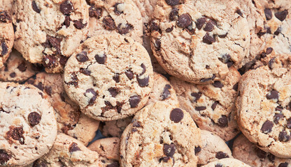 Homemade chocolate chips cookies. Traditional tasty sweets biscuits