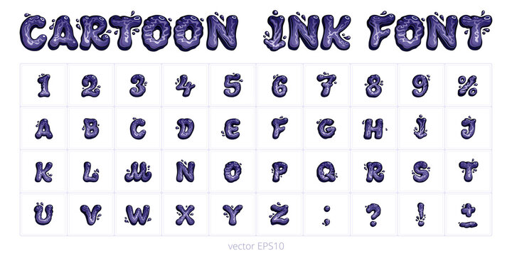 Cartoon liquid ink font. Funny English alphabet. Hand drawn vector letters, numbers, punctuation marks and percent sign. Black flexible characters and digits