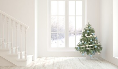 Empty christmas interior of living room. Scandinavian design. 3D illustration