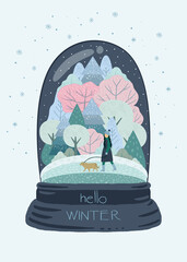 Snow globe with winter landscape in retro style. Trees, fir trees, bushes, woman and dog in the snow with snowflakes and text in bright colours. Winter walk. Vector illustration.