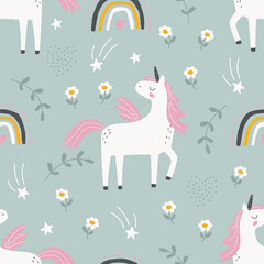 Seamless pattern with unicorn, rainbow, clouds and ice cream on pink background. The vector illustration for printing is made in manual technique