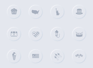 independence day gray vector icons on round rubber buttons. independence day icon set for web, mobile apps, ui design and promo business polygraphy