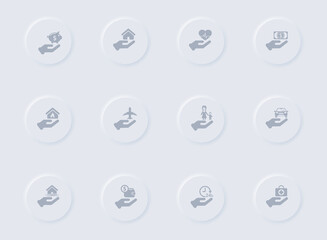 insurance gray vector icons on round rubber buttons. insurance icon set for web, mobile apps, ui design and promo business polygraphy