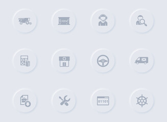 job search gray vector icons on round rubber buttons. job search icon set for web, mobile apps, ui design and promo business polygraphy