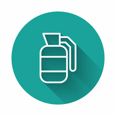 White line Hand grenade icon isolated with long shadow background. Bomb explosion. Green circle button. Vector