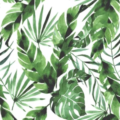 Tapeten Aquarell Musterdesign mit tropischen grünen Blättern auf weißem Hintergrund. Palmblätter, Monstera, Bananenblätter. Regenwald. © Татьяна Гончарук