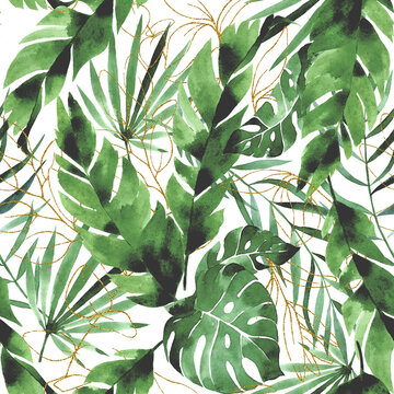 watercolor seamless pattern with tropical green leaves and golden leaves on white background. palm leaves, monstera, banana leaves. rainforests. shiny golden elements, shining