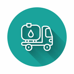 White line Fuel tanker truck icon isolated with long shadow background. Gasoline tanker. Green circle button. Vector