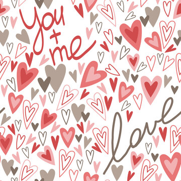 Fototapeta Vector seamless pattern with hearts and inscriptions. Hand-drawn in doodle style