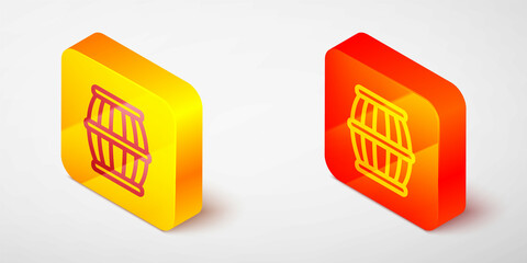 Isometric line Gun powder barrel icon isolated on grey background. TNT dynamite wooden old barrel. Yellow and orange square button. Vector