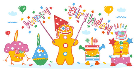HAPPY BIRTHDAY. Greeting card with funny colorful jelly and funny cookies, funny cake, gifts, heart-shaped balloons, stars, confetti, sky, clouds and happy birthday lettering on a white background. Ve