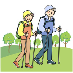 ポールを使ってウォーキングをする女性と男性