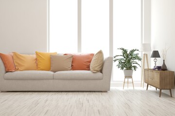 White living room with sofa. Scandinavian interior design. 3D illustration