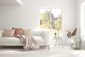 Stylish room in white color with sofa and autumn landscape in window. Scandinavian interior design. 3D illustration