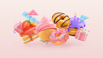 Falling cupcake and donuts. Happy birthday invitations. 3d realistic render vector background - 473125995