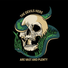 skull head illustration with snake from his eyes