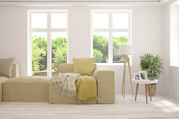 Obraz premium Stylish room in white color with sofa and summer landscape in window. Scandinavian interior design. 3D illustration