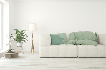 Stylish room in white color with sofa. Scandinavian interior design. 3D illustration