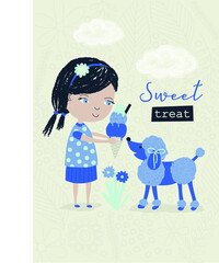 Vector illustration of little girl giving ice cream to poodle