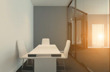Open space office interior with like conference room. Mockup. 3D rendering.. Sunset.. Sunset.