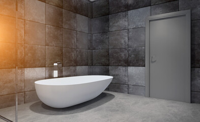 Fototapeta na wymiar Scandinavian bathroom, classic vintage interior design. 3D rendering.. Sunset.