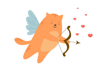 Cute mischievous cupid cat. Concept of Valentine's Day. Vector greeting card.