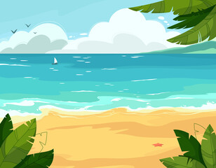 Summer seascape with azure waves, sand, tropical greenery, mountains. Vector colorful illustration in cartoon style. Sea view from the beach.