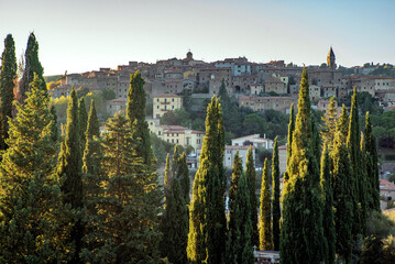 Fototapeta na wymiar Scenic View of Italian Hill Town Montalcino in Tuscany at Sunset