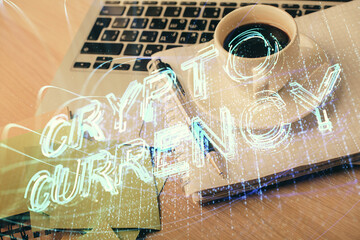 Double exposure of crypto technology drawing and desktop with coffee and items on table background....