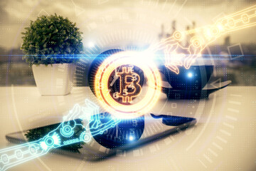 Double exposure of blockchain theme drawing and cell phone background. Concept of cryptomarket