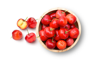 Acerola cherries in a bowl isolated on white.