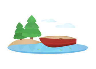 Wooden boat near the coast. Vector illustration for the field of outdoor recreation and tourism.