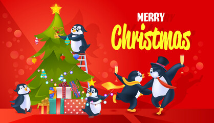 cute penguins celebrating new year christmas holidays antarctic birds having fun full length horizontal