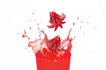 red hibiscus juice splash, Fresh Roselle flower (Jamaica sorrel, Rozelle or hibiscus sabdariffa) and glass of sorrel juice ice tea isolated on whitebackground. © NIKCOA
