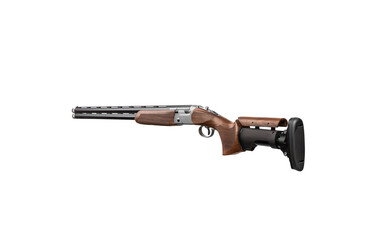 Sport double-barreled rifle with a vertical arrangement of barrels. Special sports butt on a shotgun. Isolate on a white back.