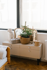 A Christmas tree and a gift box in a wicker basket stands on a light chest of drawers in the living room or bedroom in the interior of the house
