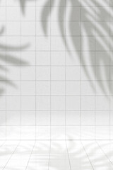 Blank background for product display in front of white tile wall with leaves shadow. Product presentation in toilet or anywhere. 3d render.