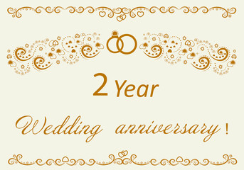 Wedding anniversary invitation 2 year. Original beautiful illustration. Golden pattern. Paper wedding