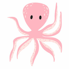 Childrens illustration of pink octopus isolated on white background. Hand-drawn octopus in cartoon style.