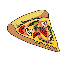 A slice of cute pizza, for culinary book, pizzeria menu. Collection logo with pizza slices. Vector white background. 