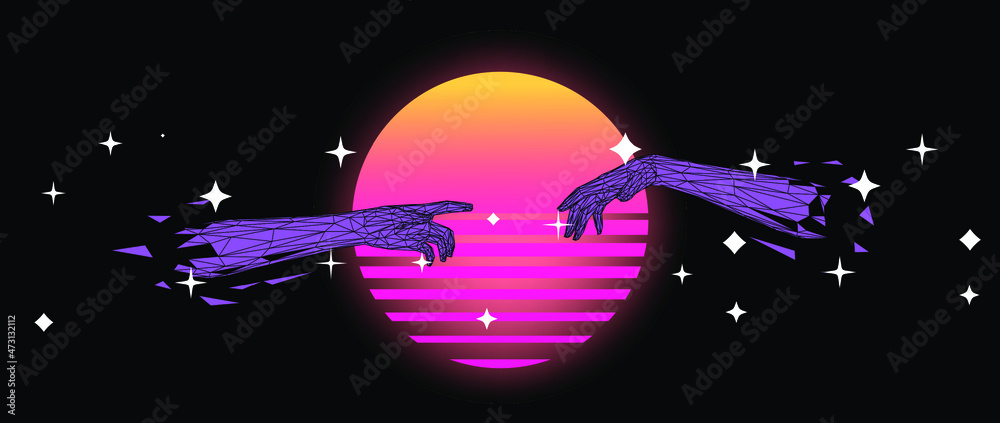 Poster vector 3d model of hands going to touch together, reminiscent of michelangelo's artwork. cyberpunk a
