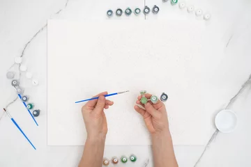 hobby at home painting by numbers to draw from above a view of women's hands holding cans of paints © Taranova_ksenya