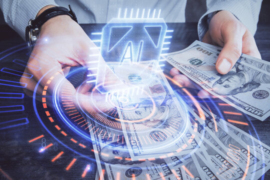 Double exposure of technology drawing hologram and us dollars bills and man hands. Data concept - Powered by Adobe