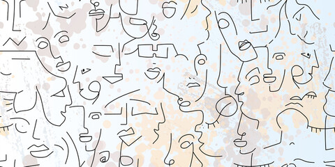 One line drawing. Abstract face seamless pattern.