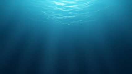 Representation of an underwater environment where light rays filter from the surface. 3D Illustration