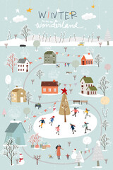 Winter wonderland landscape background at night with people celebration and kids having fun at park in village.Vector illustration Cute cartoon for greeting card  or banner for Christmas or New Year