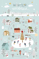 Deurstickers Winter wonderland landscape background at night with people celebration and kids having fun at park in village.Vector illustration Cute cartoon for greeting card  or banner for Christmas or New Year © Anchalee