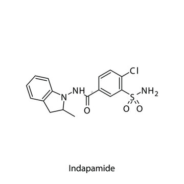 Indapamide molecular structure, flat skeletal chemical formula. Thiazide like diuretic drug used to treat Hypertension. Vector illustration.