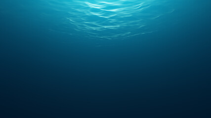 Representation of an underwater environment where light illuminates the waves on the surface. 3D Illustration