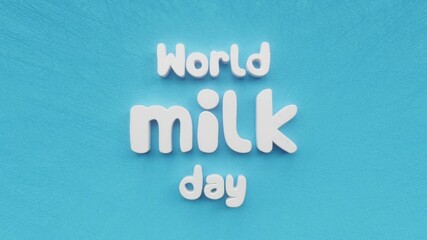 World milk day text inscription, healthy fresh pouring white drink and milky cow holiday concept, dairy decorative animated lettering, 3d render of festive greeting card motion background - Powered by Adobe